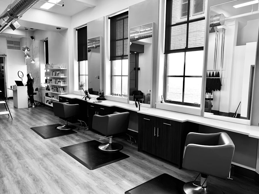 Light through the windows of a hair salon